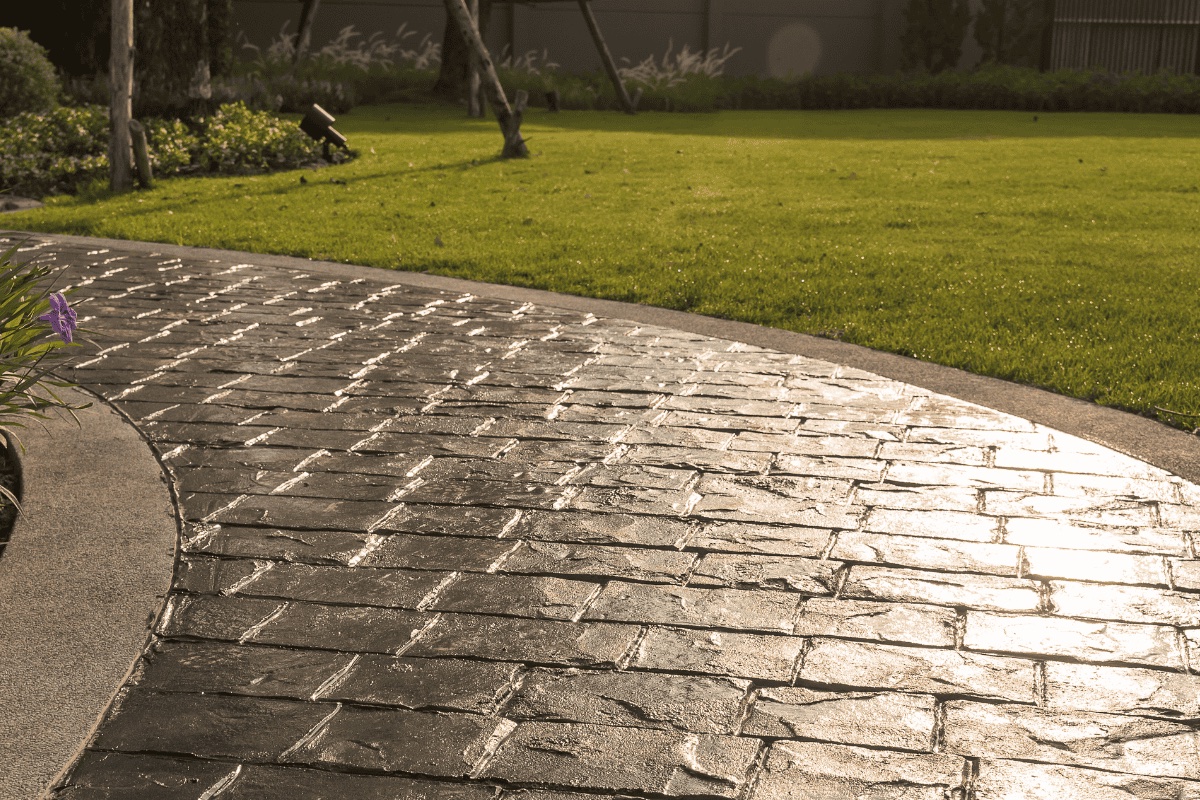 Close-up of freshly poured stamped concrete patio