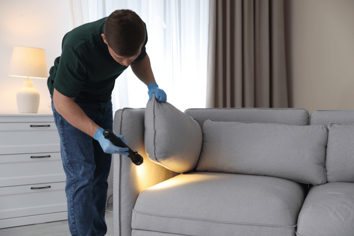 Pest control technician inspecting home